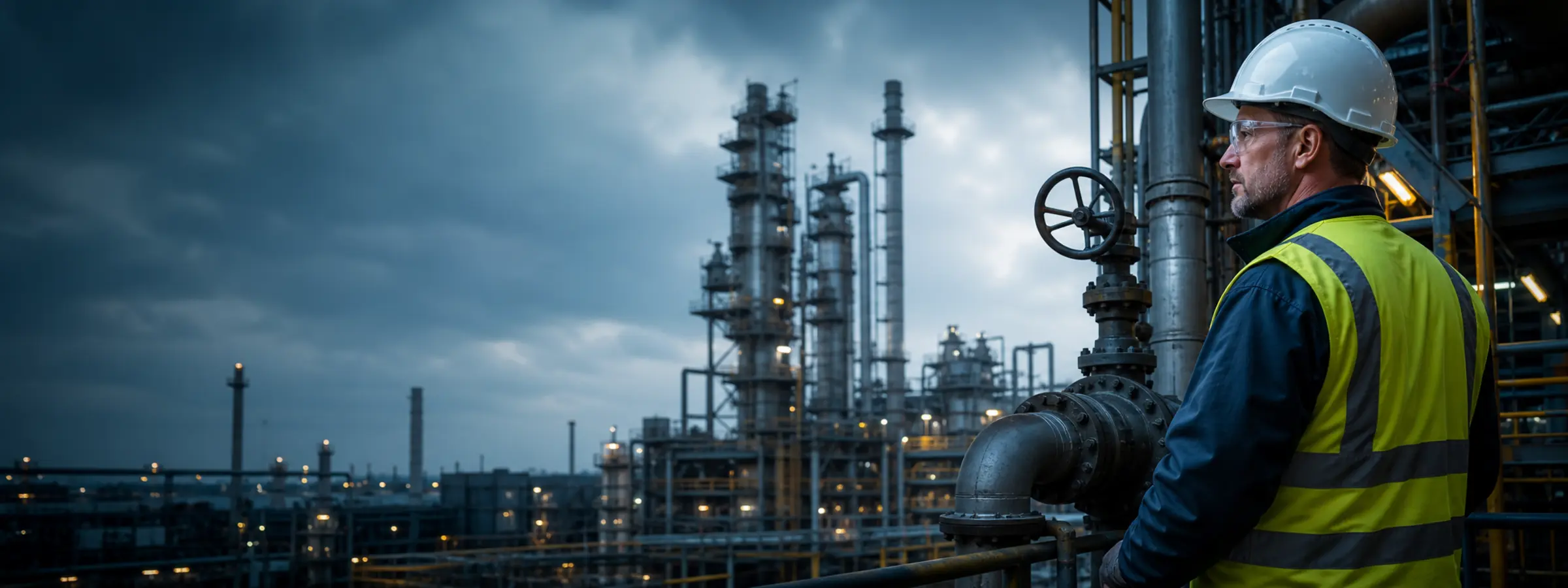 Industrial engineer inspecting refinery equipment in an operating environment