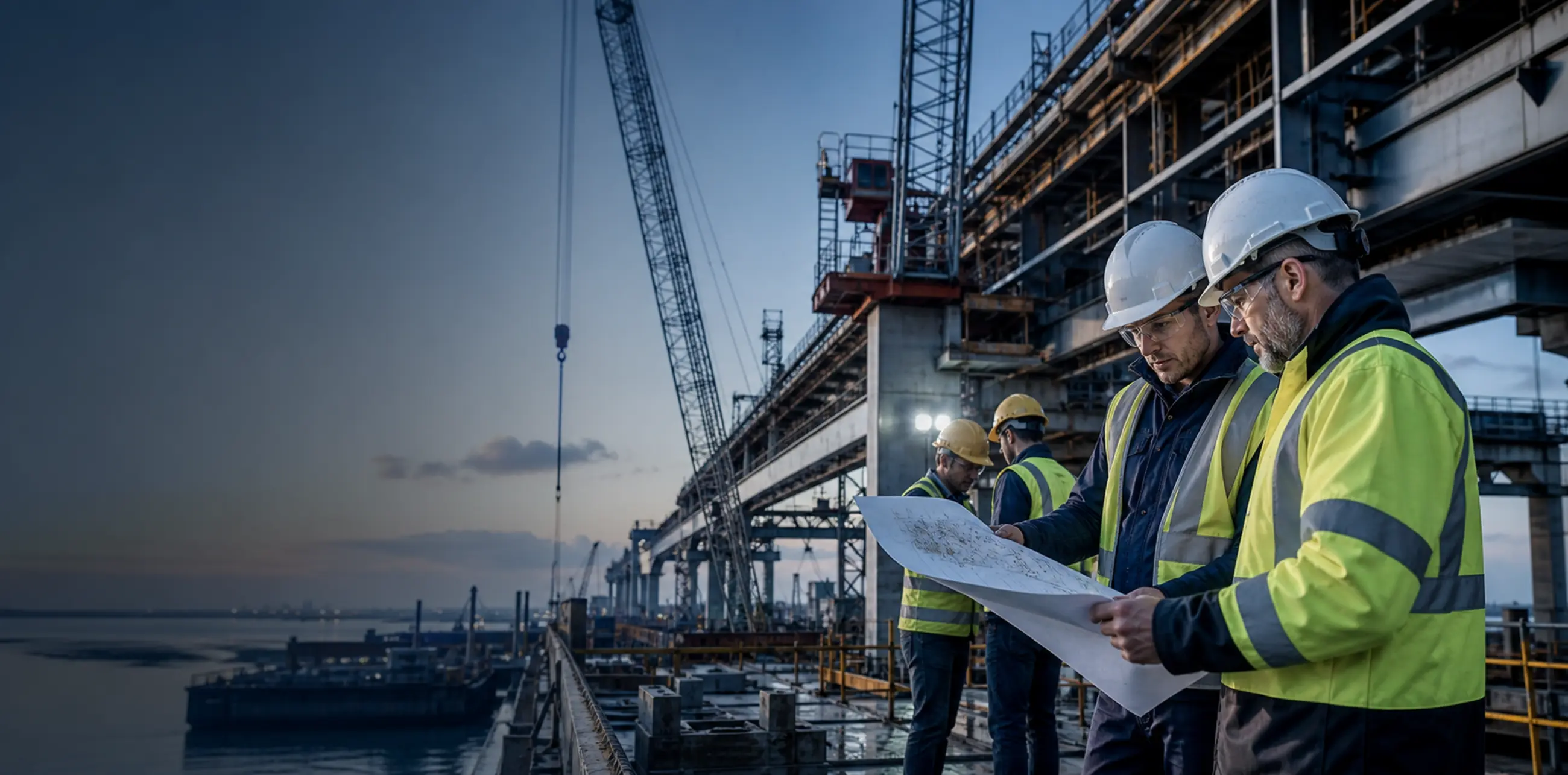 Technical team reviewing plans at an industrial construction site