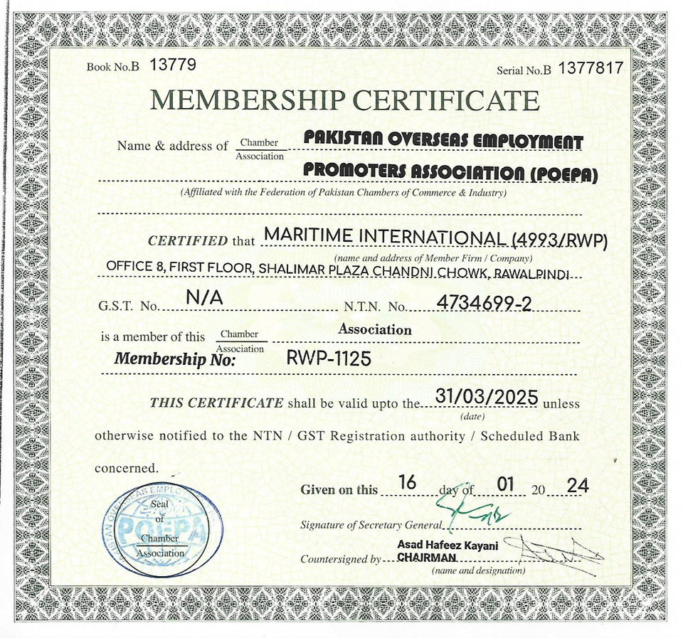 Supplied POEPA membership certificate for Maritime International