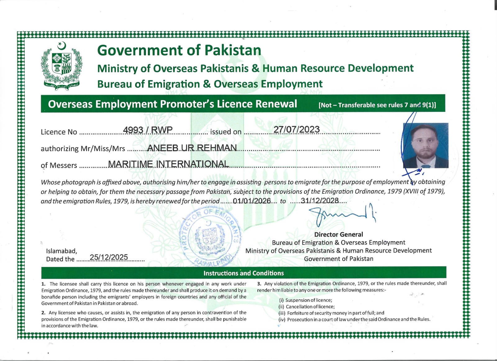 Supplied Overseas Employment Promoter’s Licence renewal document for Maritime International